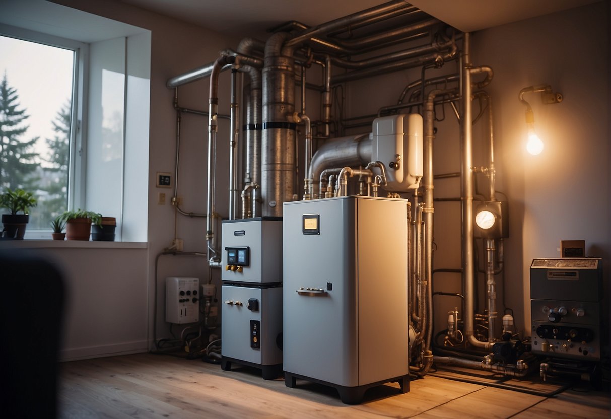 In a contemporary household, a gas boiler, oil, and electric heating system are positioned together, each linked to its own fuel source and emanating comforting heat.