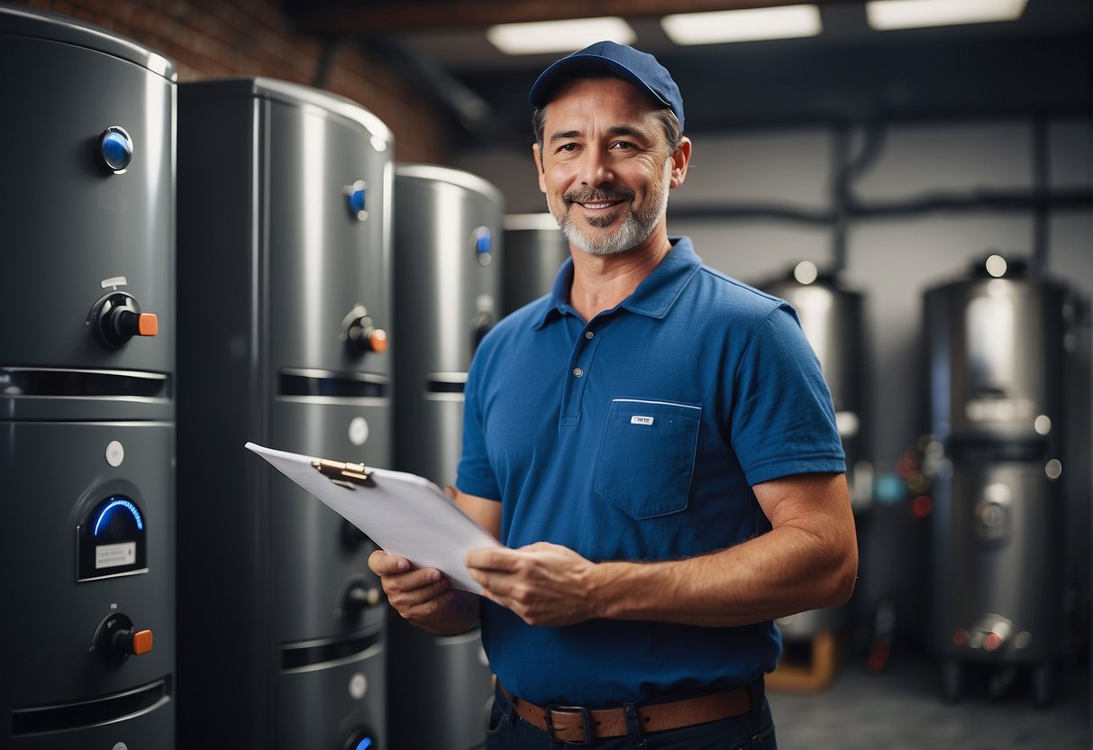 A professional gas boiler installer standing in front of a selection of different boilers, holding a clipboard and discussing options with a homeowner