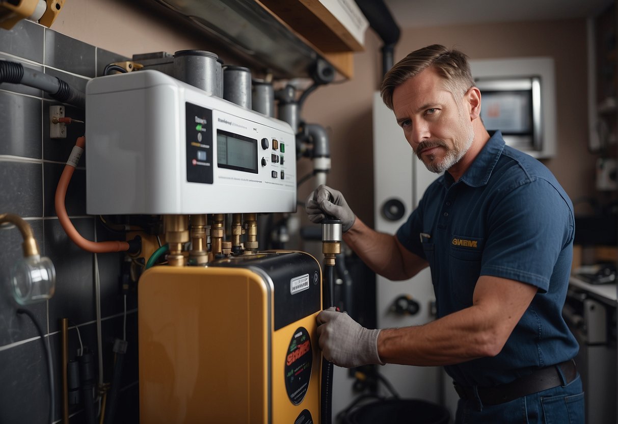 A skilled technician carefully installs a gas boiler in a cozy home, using high-quality tools and equipment. They follow safety guidelines closely, inspecting every detail to make sure the installation is flawless.