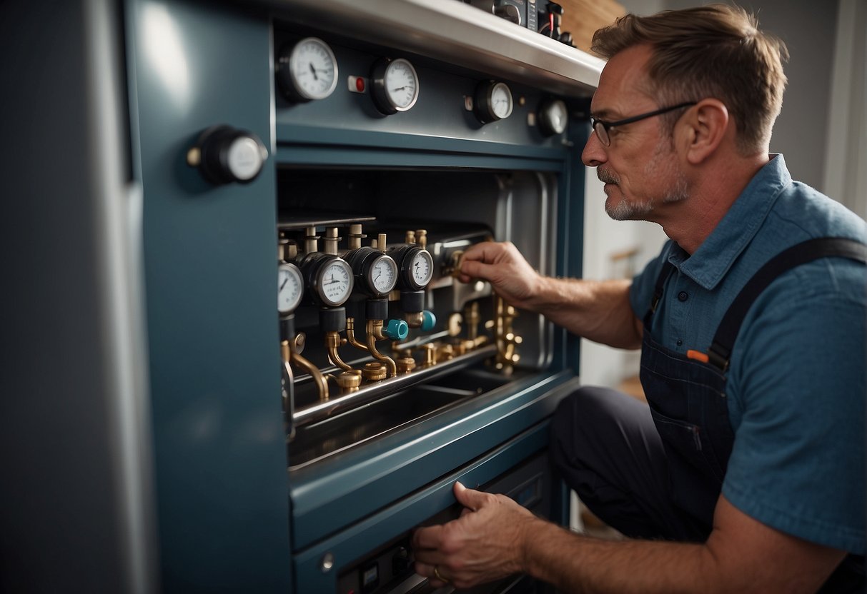 A professional is installing a gas boiler in a home. They have tools and equipment scattered around. Later, a technician will do aftercare maintenance.