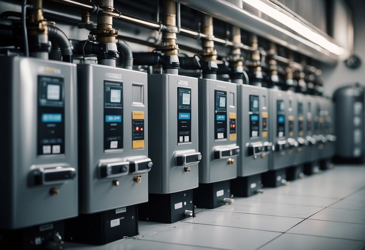 A row of gas boilers with different brand names and warranty information displayed. Installer reviewing options