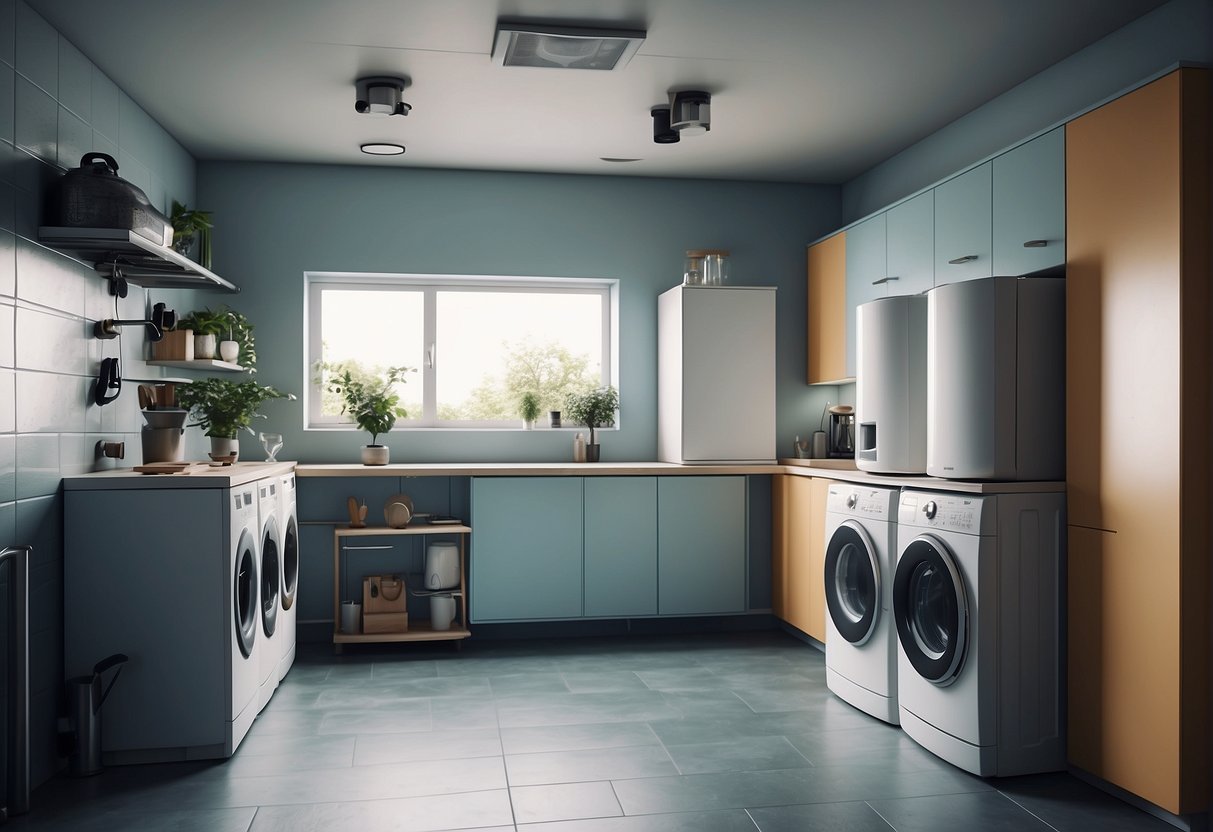 A spacious utility room with adequate ventilation and access to gas supply. A wall-mounted location near the center of the house for even heat distribution