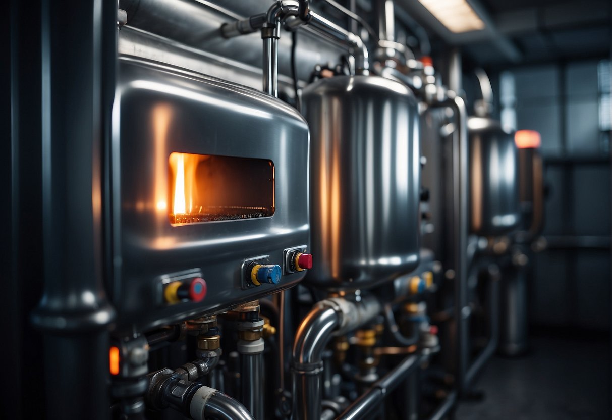 A gas boiler with labeled components: burner, heat exchanger, flue, gas valve, thermostat, and water pump