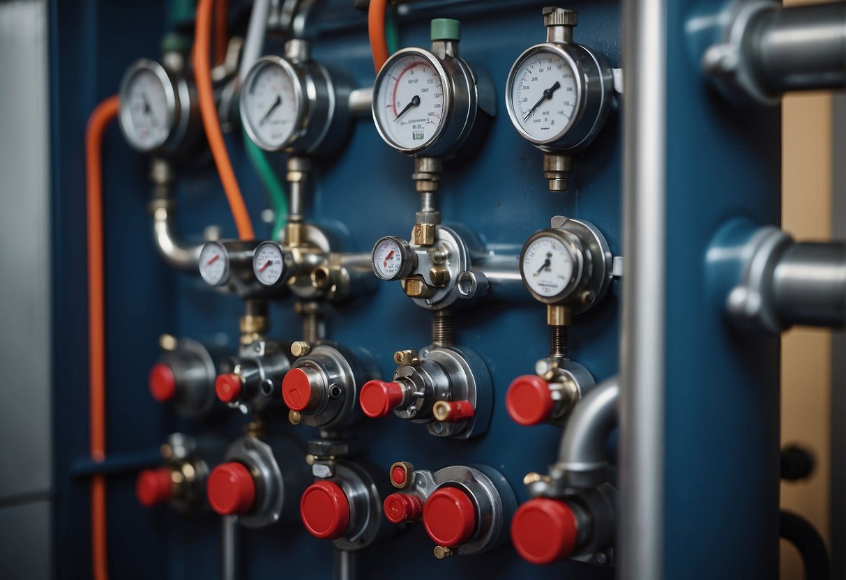 A gas boiler with labeled components: burner, heat exchanger, flue, gas valve, thermostat, and water circulation pump