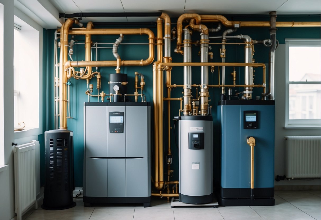 A house with three different types of gas boilers installed: combi, system, and conventional, each labeled clearly