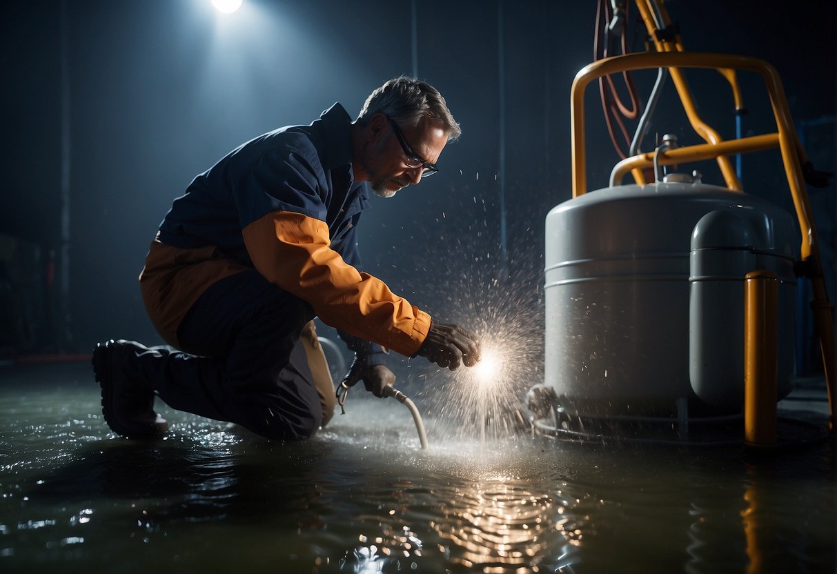 A hot water tank leaks water onto the floor, while a technician inspects the tank with a flashlight and tools