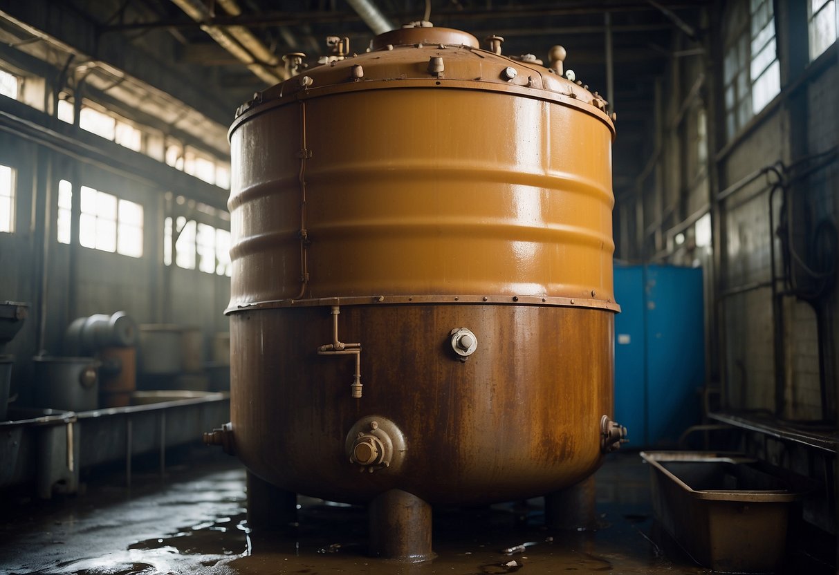 A hot water tank leaking water from the bottom, rusted or corroded parts, and strange noises coming from the tank