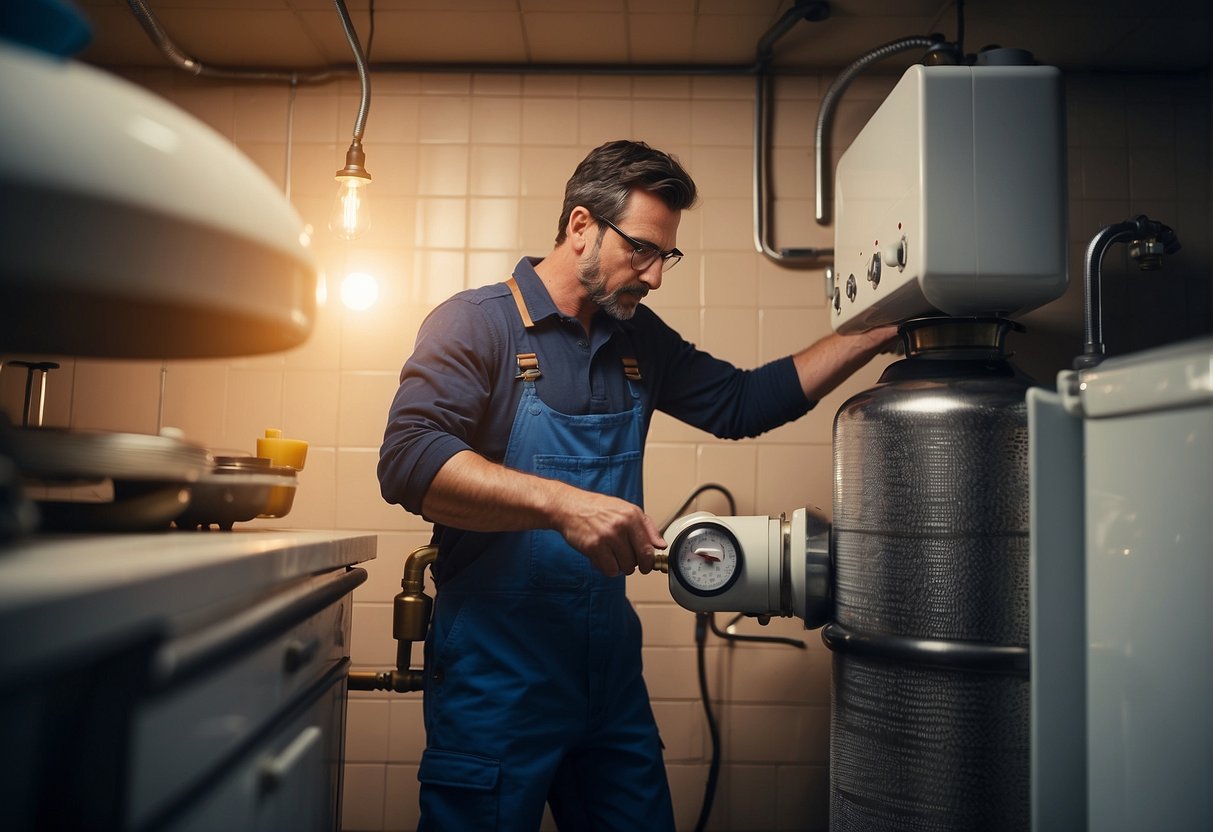 A plumber checks the hot water tank, examines the heating element, and replaces a faulty thermostat. Steam rises from the tank as it heats up