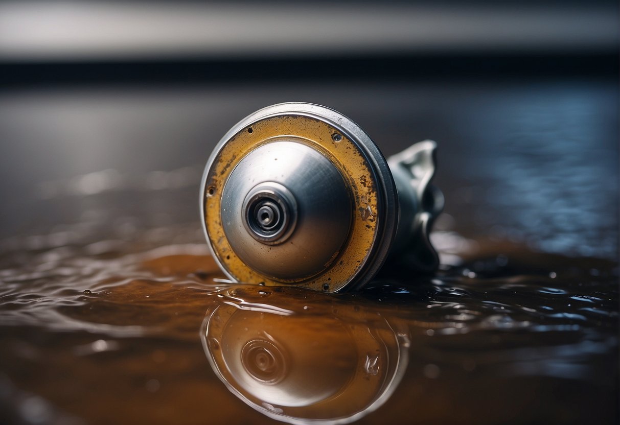 Hot water tank leaking from cracks or corroded parts. Water pooling on floor. Pressure relief valve releasing water. Rust or mineral buildup visible