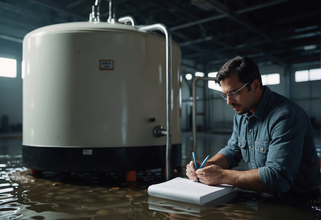 A hot water tank with a visible leak, surrounded by puddles of water. An individual is inspecting the tank, taking notes and checking various components