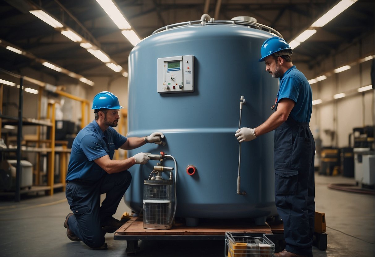 A hot water tank with a visible leak, surrounded by tools and maintenance equipment. A technician is inspecting the tank for potential causes of the leak