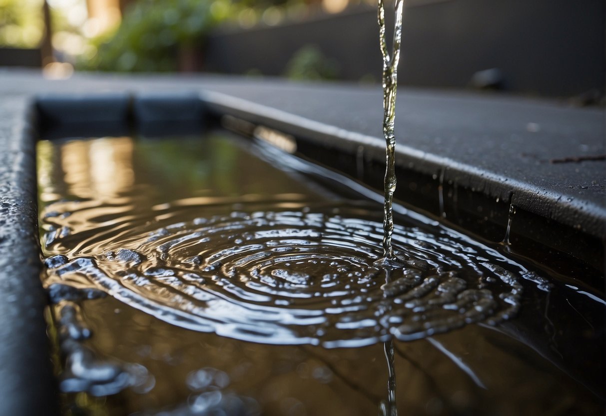 A puddle forms under a metal tank. Water drips steadily from a small crack near the bottom