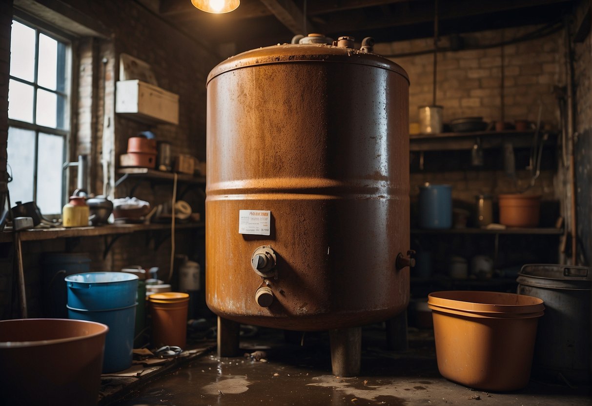 A rusted, leaking hot water tank sits in a cluttered basement, surrounded by water damage. A calendar on the wall marks the tank's last maintenance date