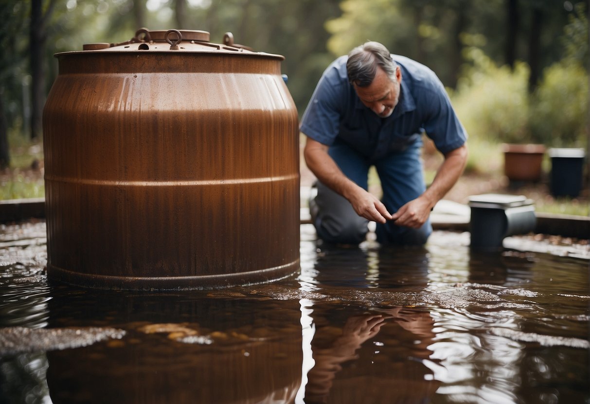 A rusted, leaking hot water tank with a puddle forming beneath it. A plumber examines the tank and points to the need for replacement