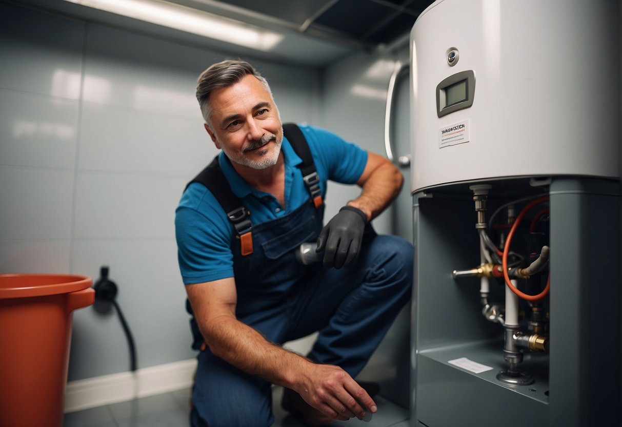 A plumber installs a new hot water tank in a utility room, checking for proper ventilation and access for maintenance