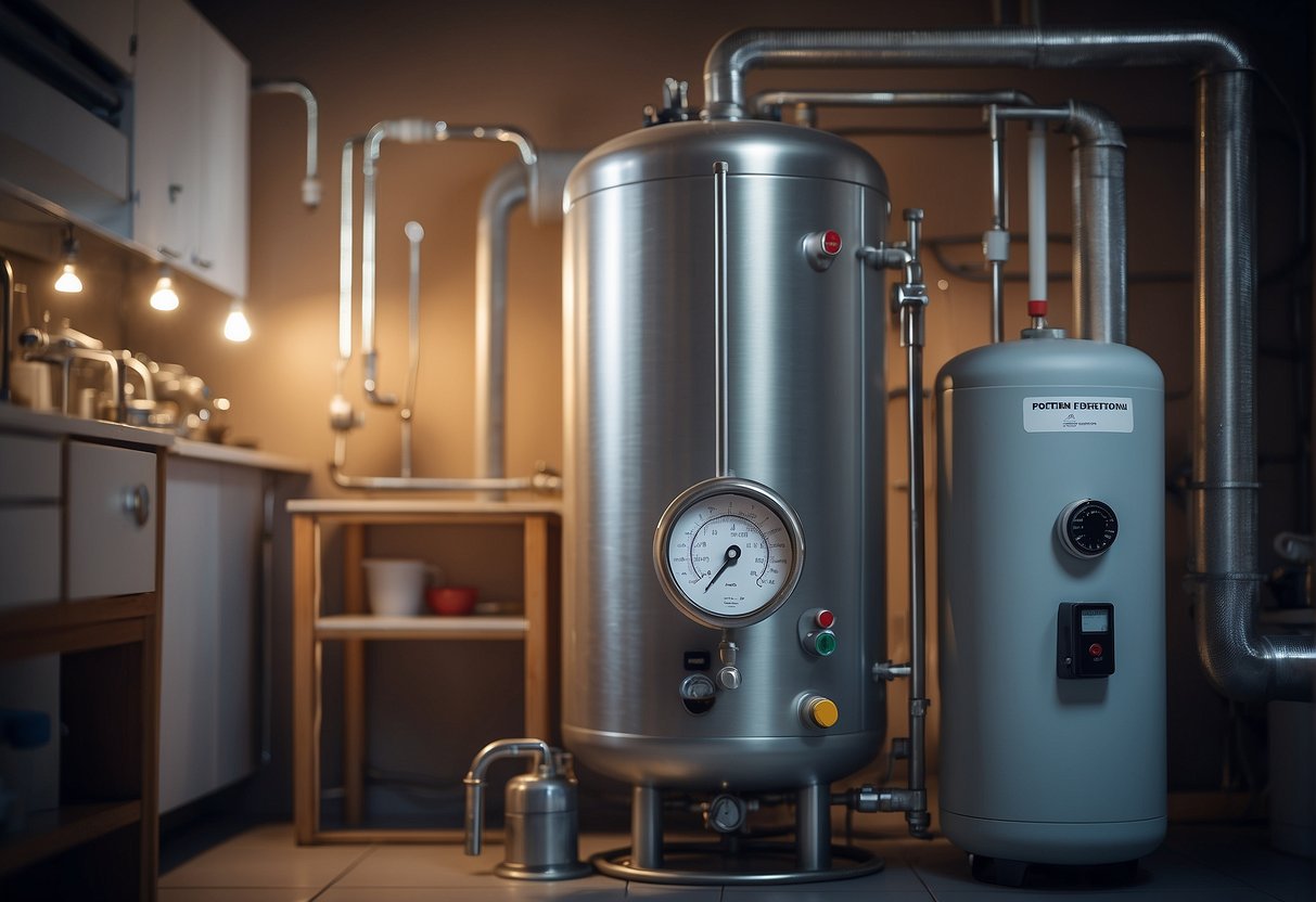 A hot water tank sits in a utility room, surrounded by pipes and a pressure gauge. The tank is labeled with its size and a guide for understanding hot water needs