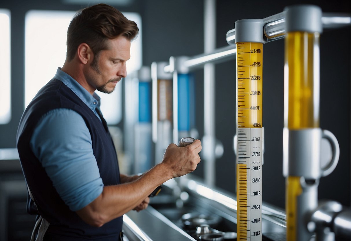 A person measuring and comparing different hot water cylinder sizes using a tape measure and a size guide chart