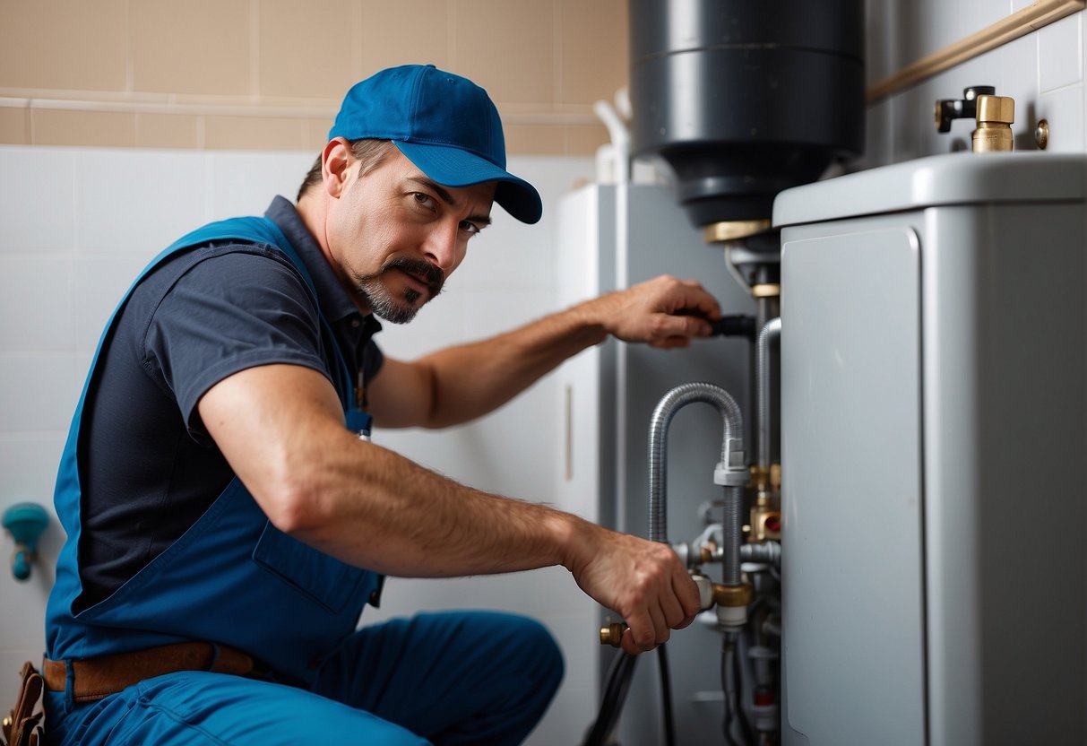 A plumber installs a hot water tank, considering size and maintenance