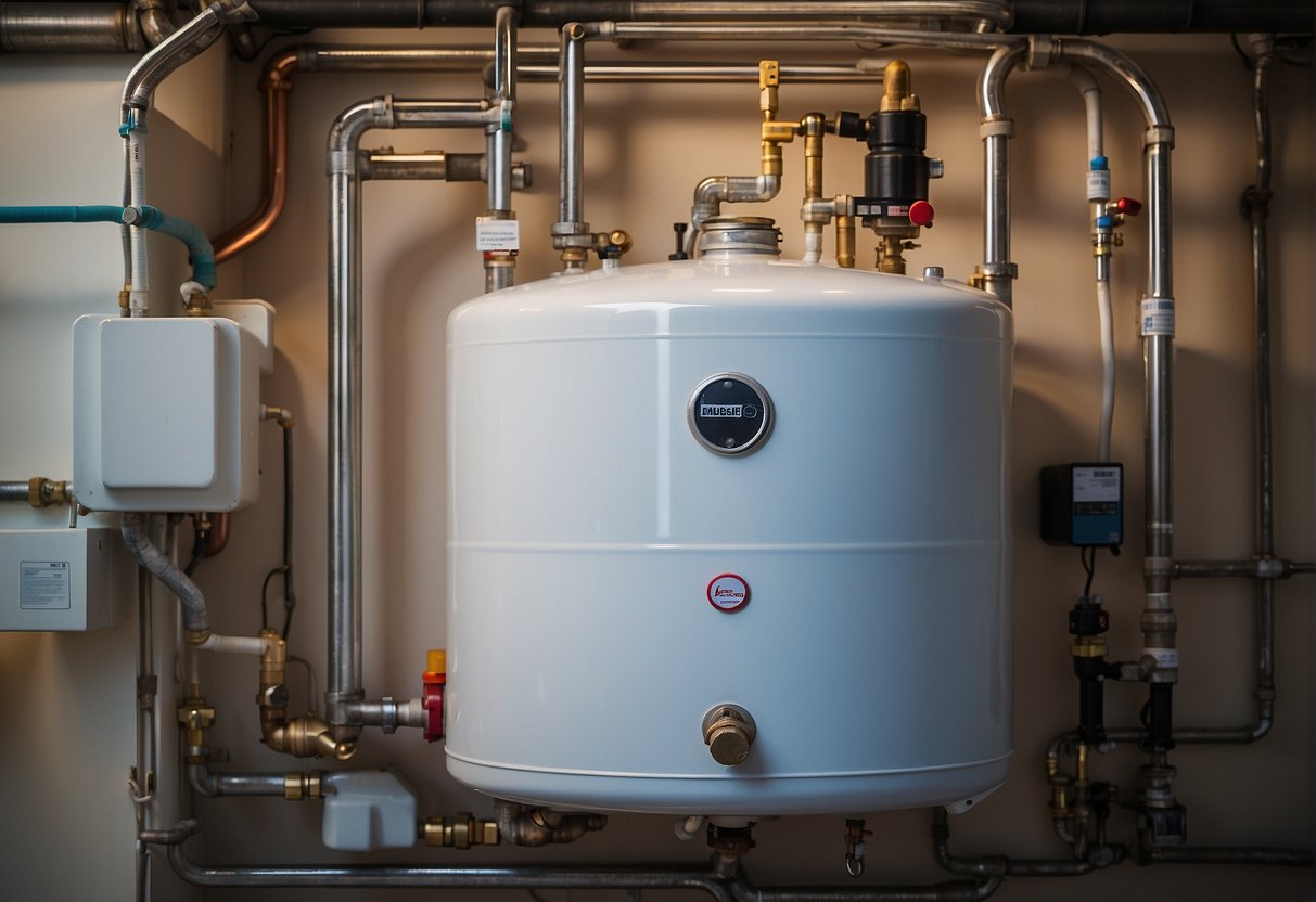 A hot water tank with various components such as a heating element, thermostat, pressure relief valve, and insulation. Different types of tanks include traditional, tankless, and heat pump models