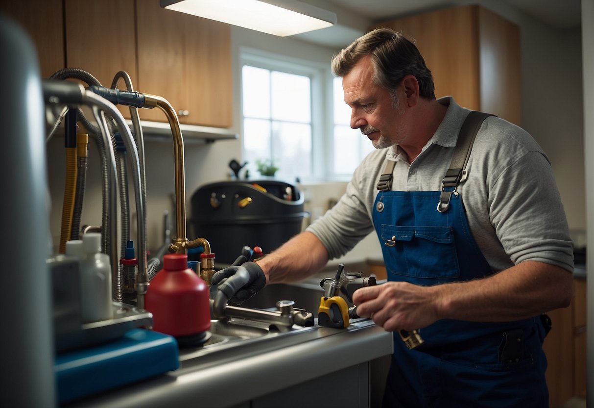 A plumber installs and maintains hot water tanks in a utility room. Tools and equipment are scattered around the area