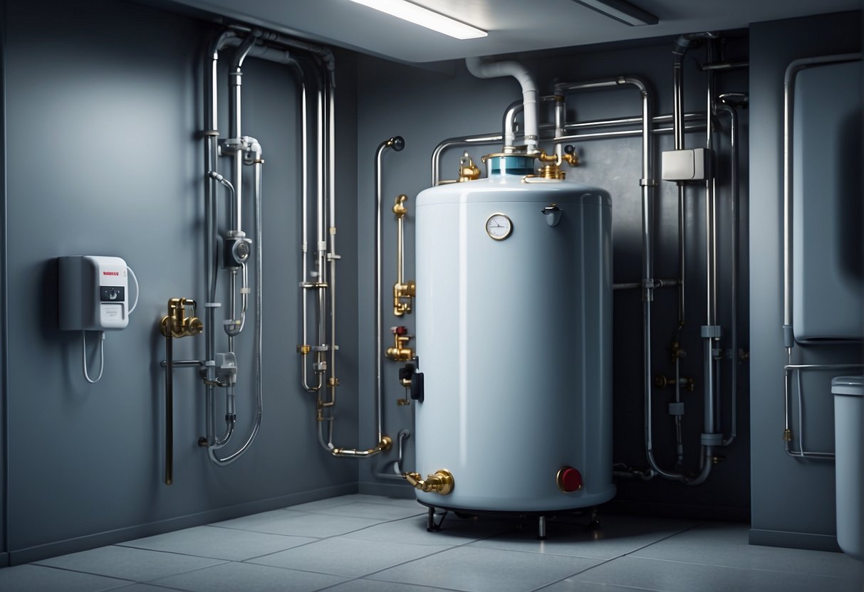 A hot water tank sits in a utility room, connected to pipes. A heating element heats the water, which is then stored for household use