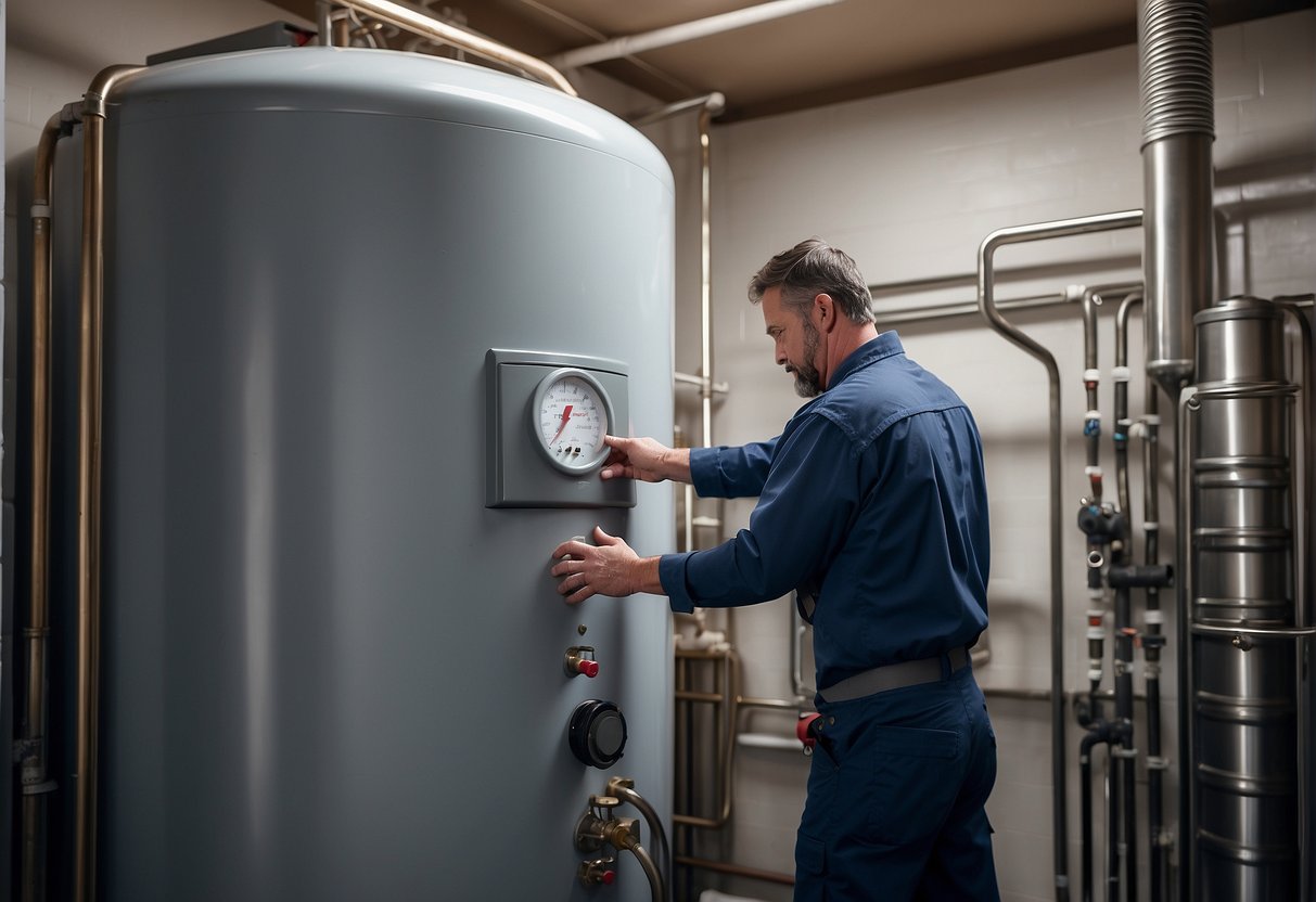 A hot water tank is being installed in a utility room. A technician is connecting pipes and adjusting the sizing for proper operation