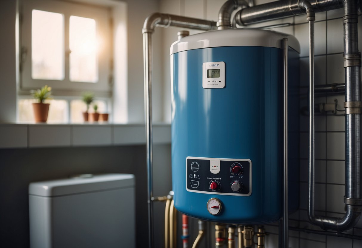 A hot water tank sits in a utility room, connected to pipes. It heats and stores water for household use. A thermostat regulates the temperature