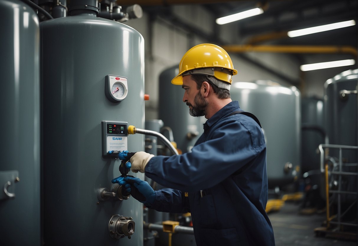 A technician inspects a hot water tank, tightening valves and checking for leaks. Tools and equipment are scattered around the tank