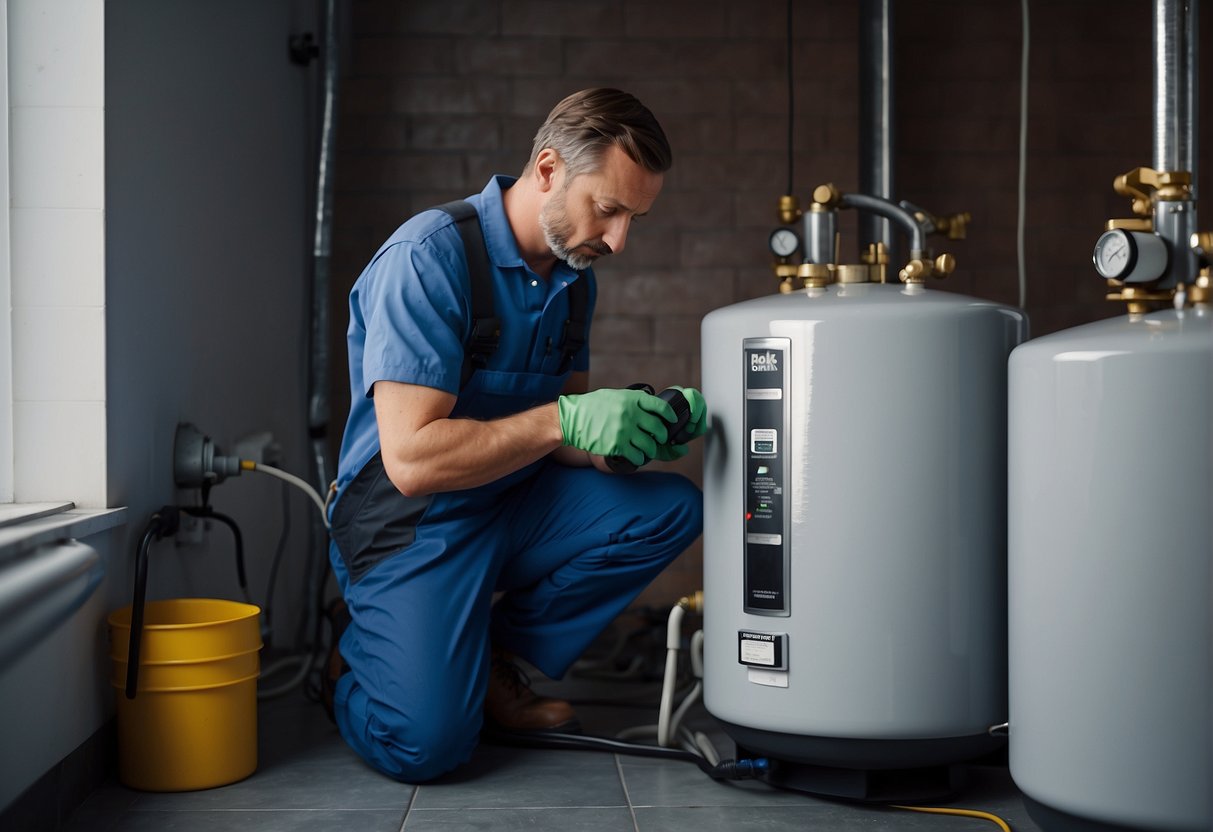 A technician checks and cleans a hot water tank, replacing any worn parts