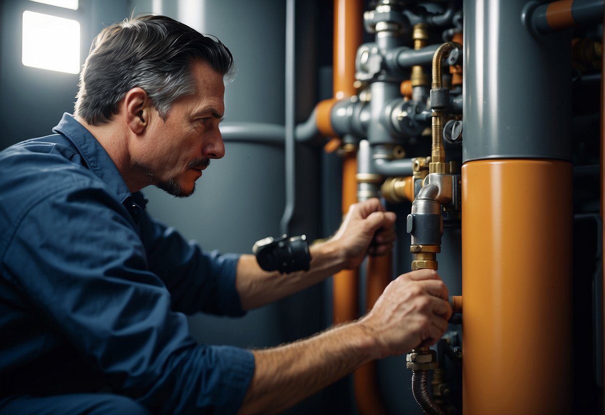 A plumber checking a hot water tank for leaks and corrosion, while performing routine maintenance and servicing