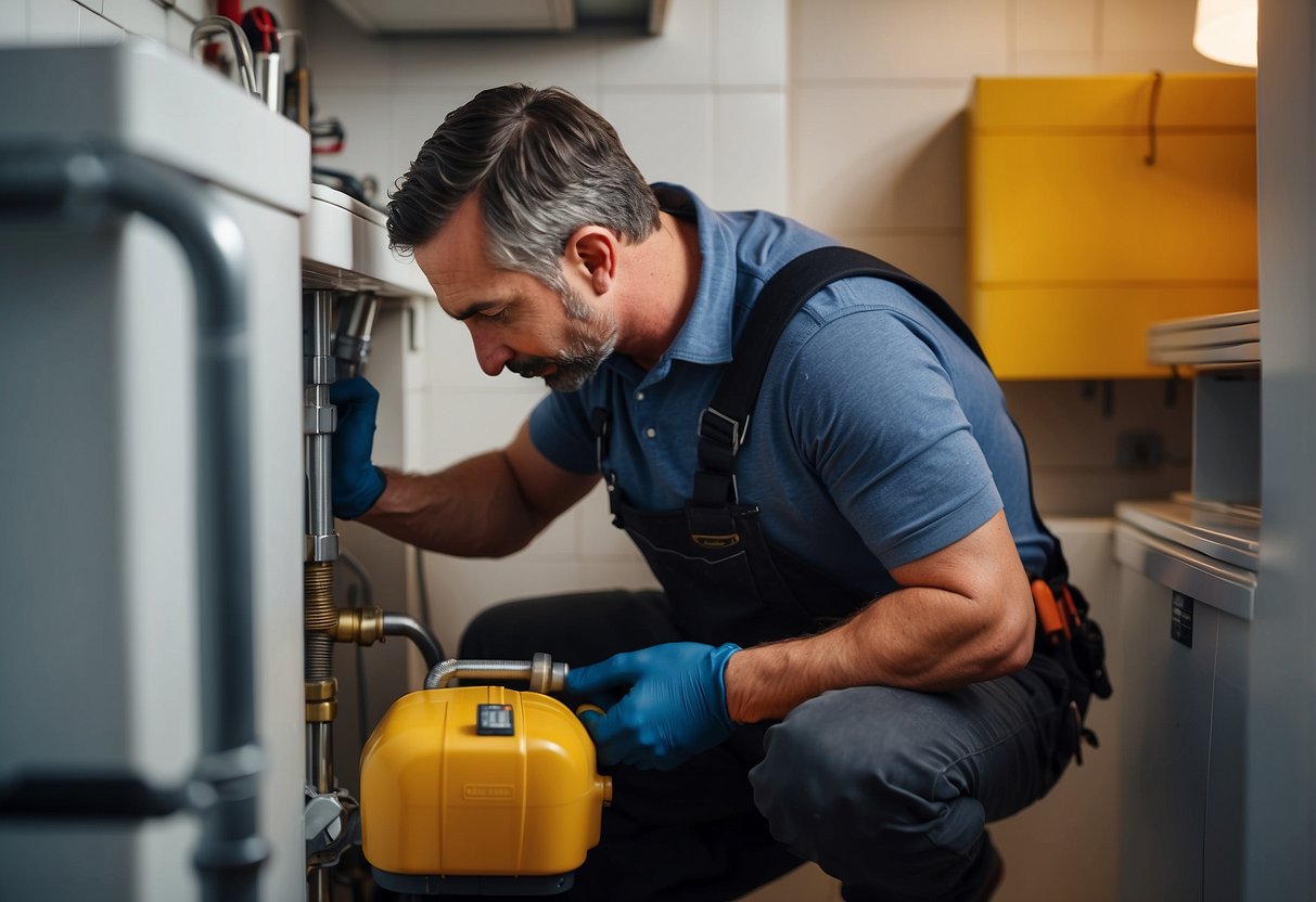 A plumber installs a hot water tank in a utility room, connecting pipes and checking for leaks